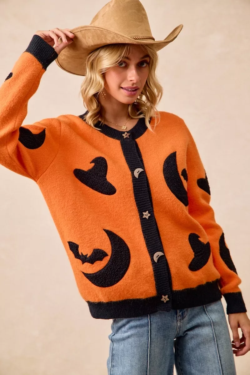 Halloween Witch Hat Moon Bat Artwork Cardigan, image 2