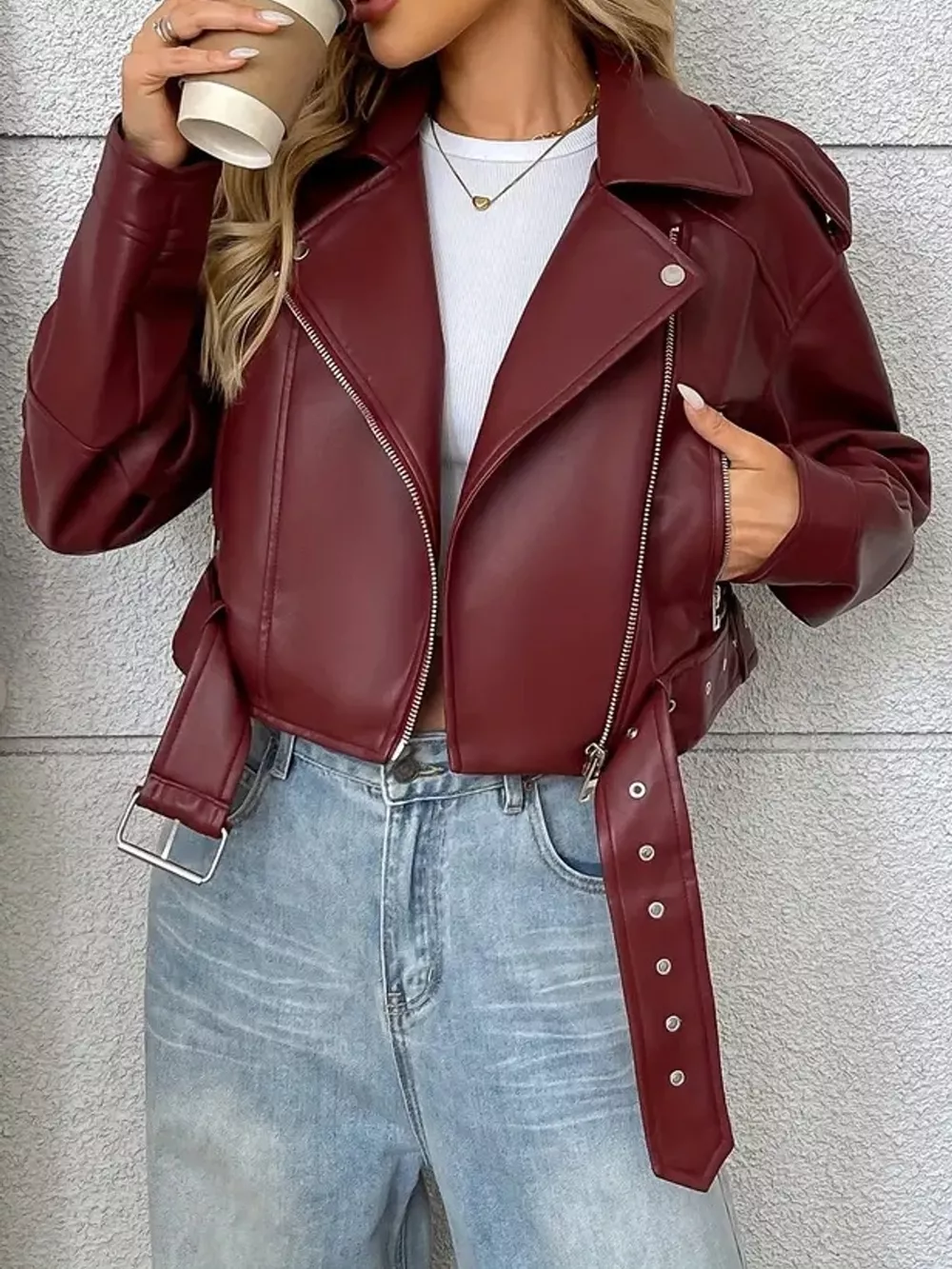 Full Size Faux Leather Zip Up Jacket Plus Size, image 8