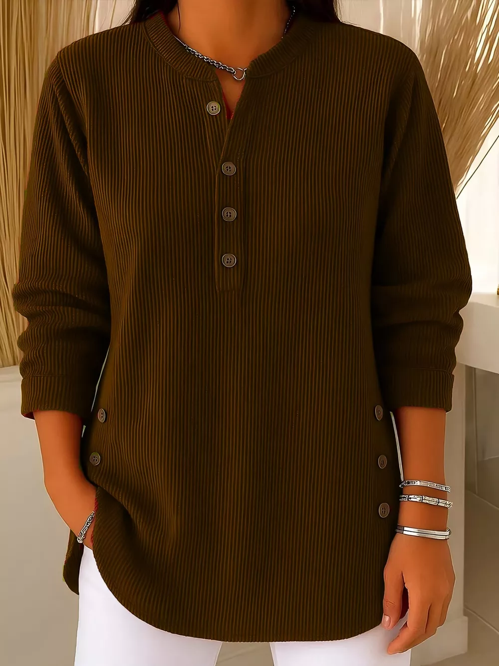 Full Size Button Detail Long Sleeve Top Plus Size, image 27