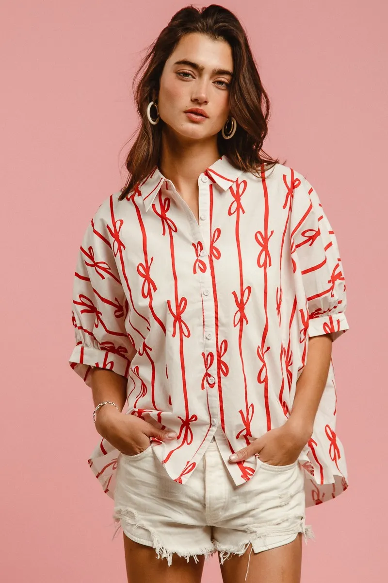 Bow Ribbon Woven Printed Button Down Shirt, image 5