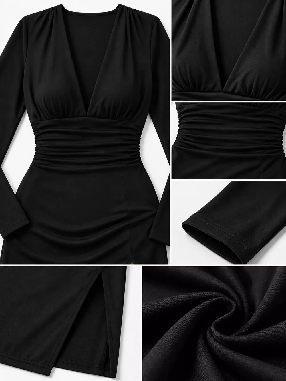 Deep V-Neck Ruched Bodycon Dress with High Slit, image 4