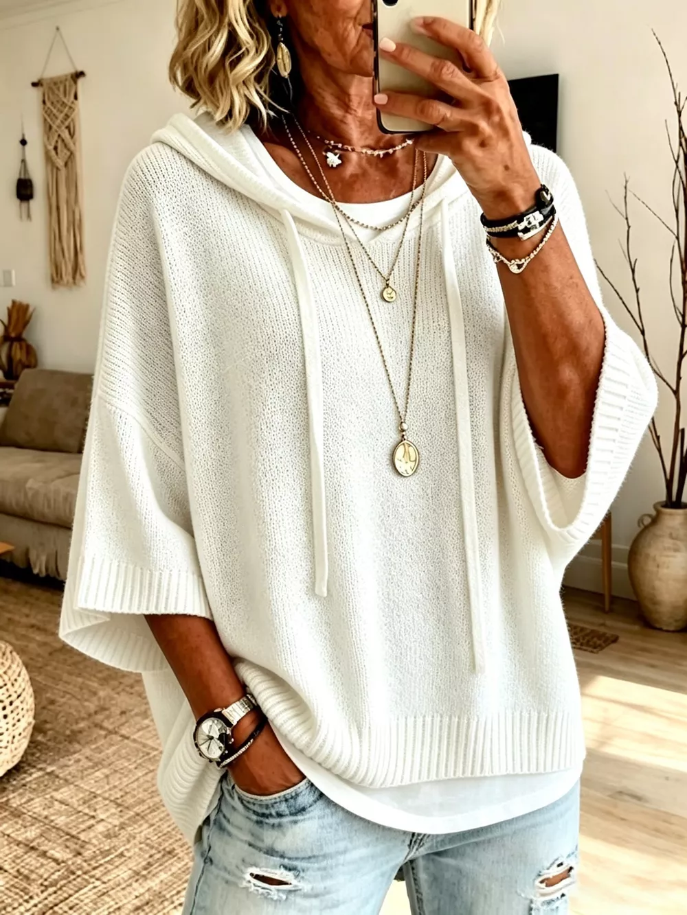 Full Size Drawstring 3/4 Sleeve Hooded Sweater Plus Size, image 15