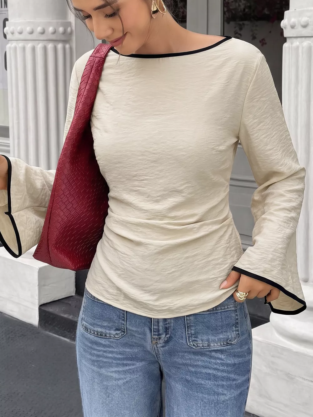 Contrast Trim Flare Sleeve Blouse, image 3