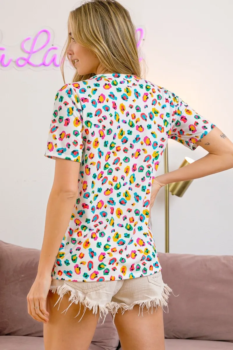Multi Color Leopard Jersey Shirred V Neck Top, image 20