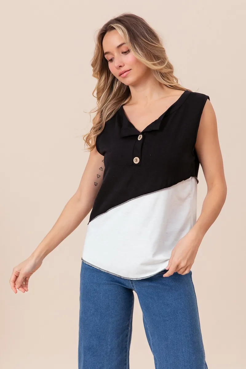 Color Block Contrast Stitching Buttoned Henley Top, image 4