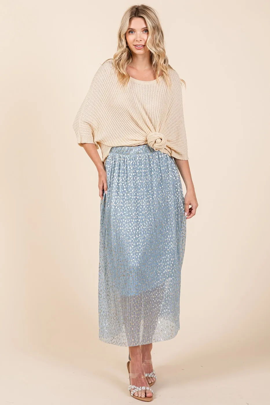 Metallic Glitter Speckle Print Elastic Midi Skirt, image 2