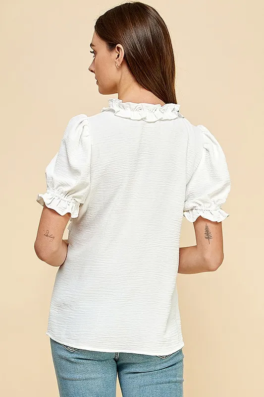 Solid Ruffled Deep V-Neck Puff Sleeve Babydoll Top, image 2