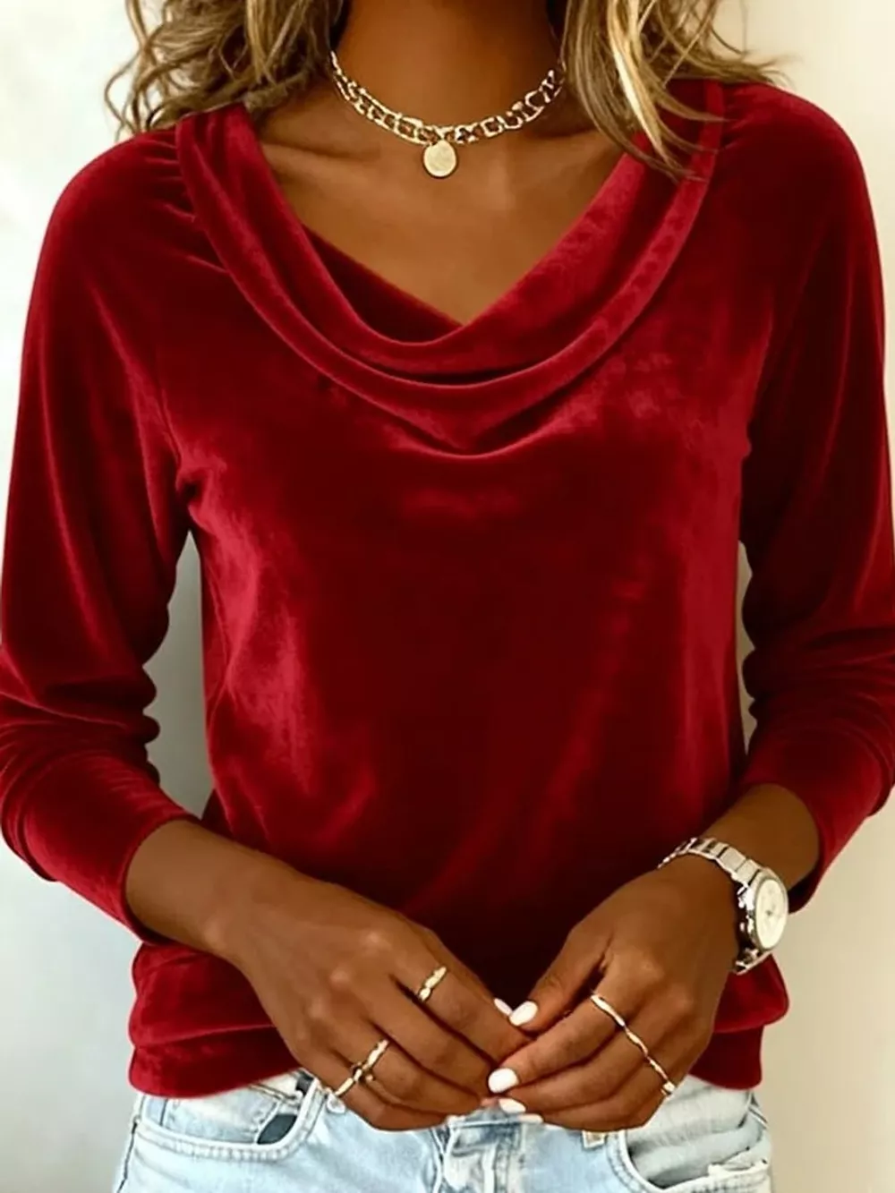 Full Size Velvet Cowl Neck Long Sleeve T-Shirt Plus Size, image 7