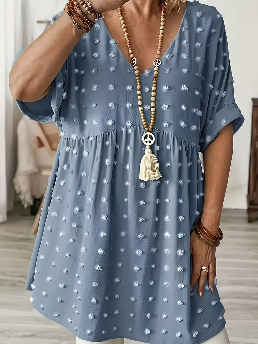 Plus Size Swiss Dot V-Neck Casual Blouse, image 8