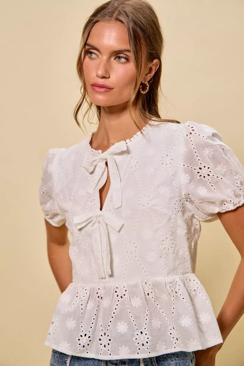 Cotton Eyelet Front Tie Short Sleeves Blouse, image 8