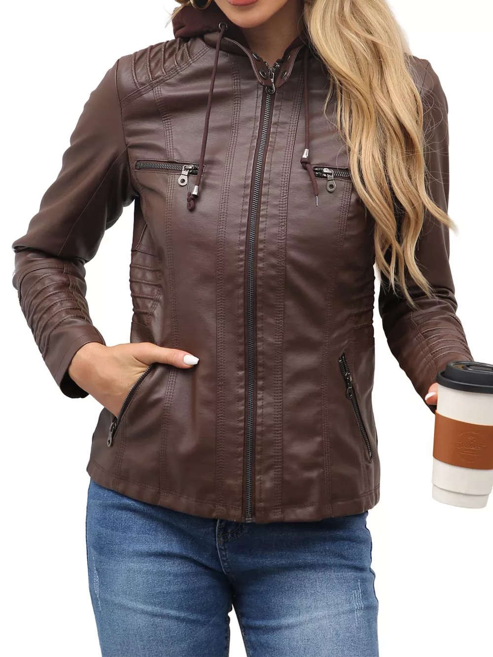 Full Size Detachable Hooded Faux Leather Moto Jacket Plus Size, image 7