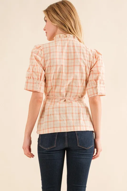 Plaid Patterned and Ruffled Wrap Blouse Top, image 4