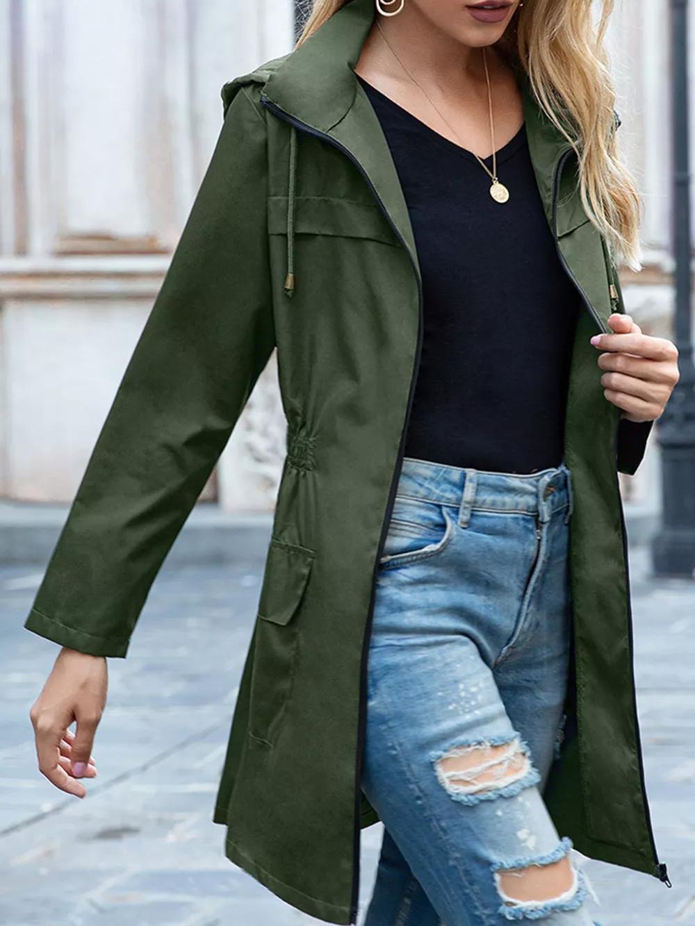 Zip Up Drawstring Waist Hooded Jacket, image 12