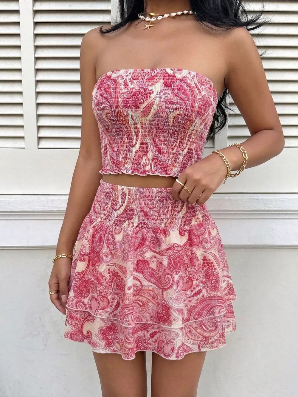 Paisley Print Tube Top and Ruffle Mini Skirt Set, image 3