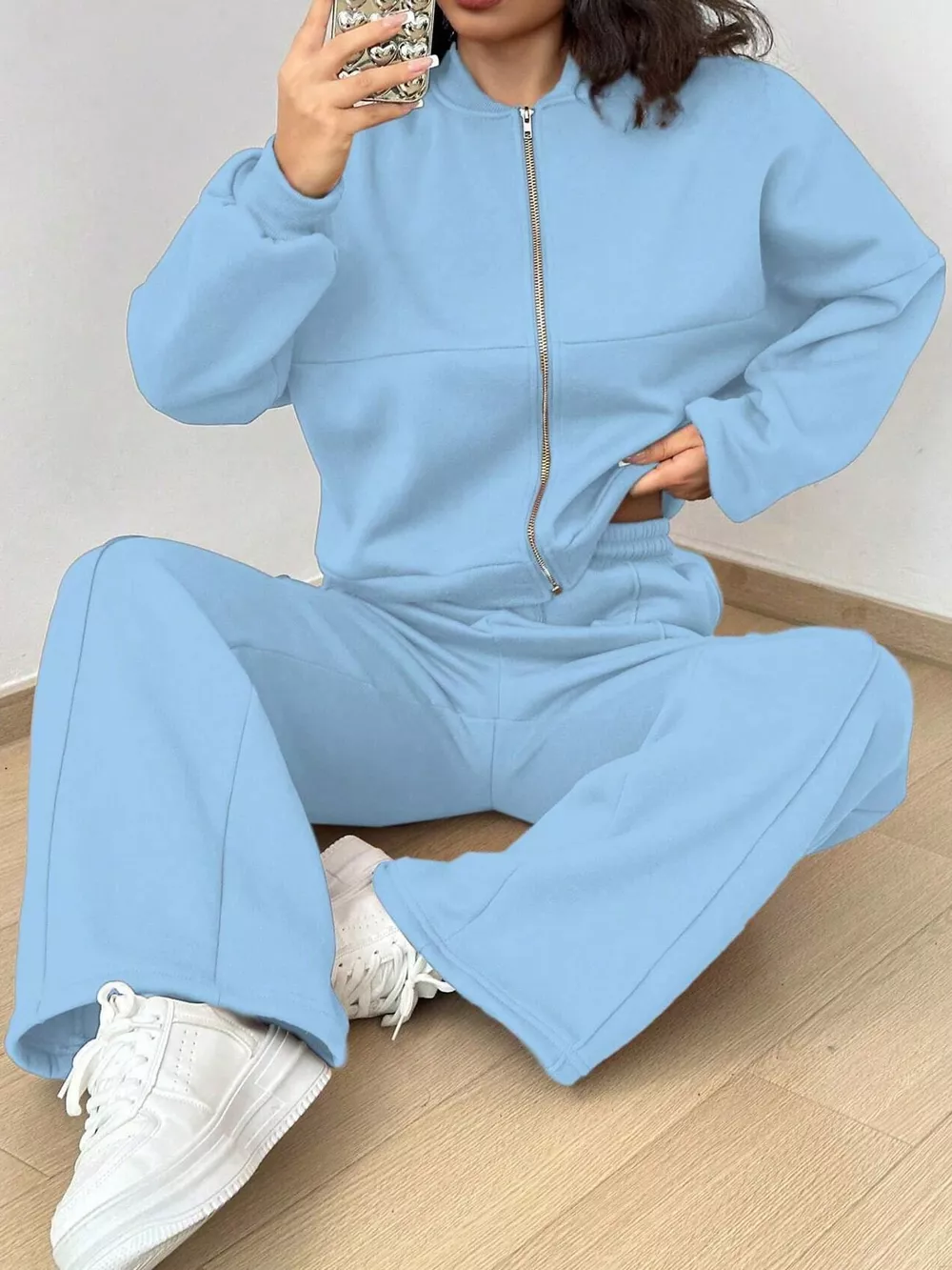 Casual Zip-Up Jacket and Wide-Leg Sweatpants Set, image 46