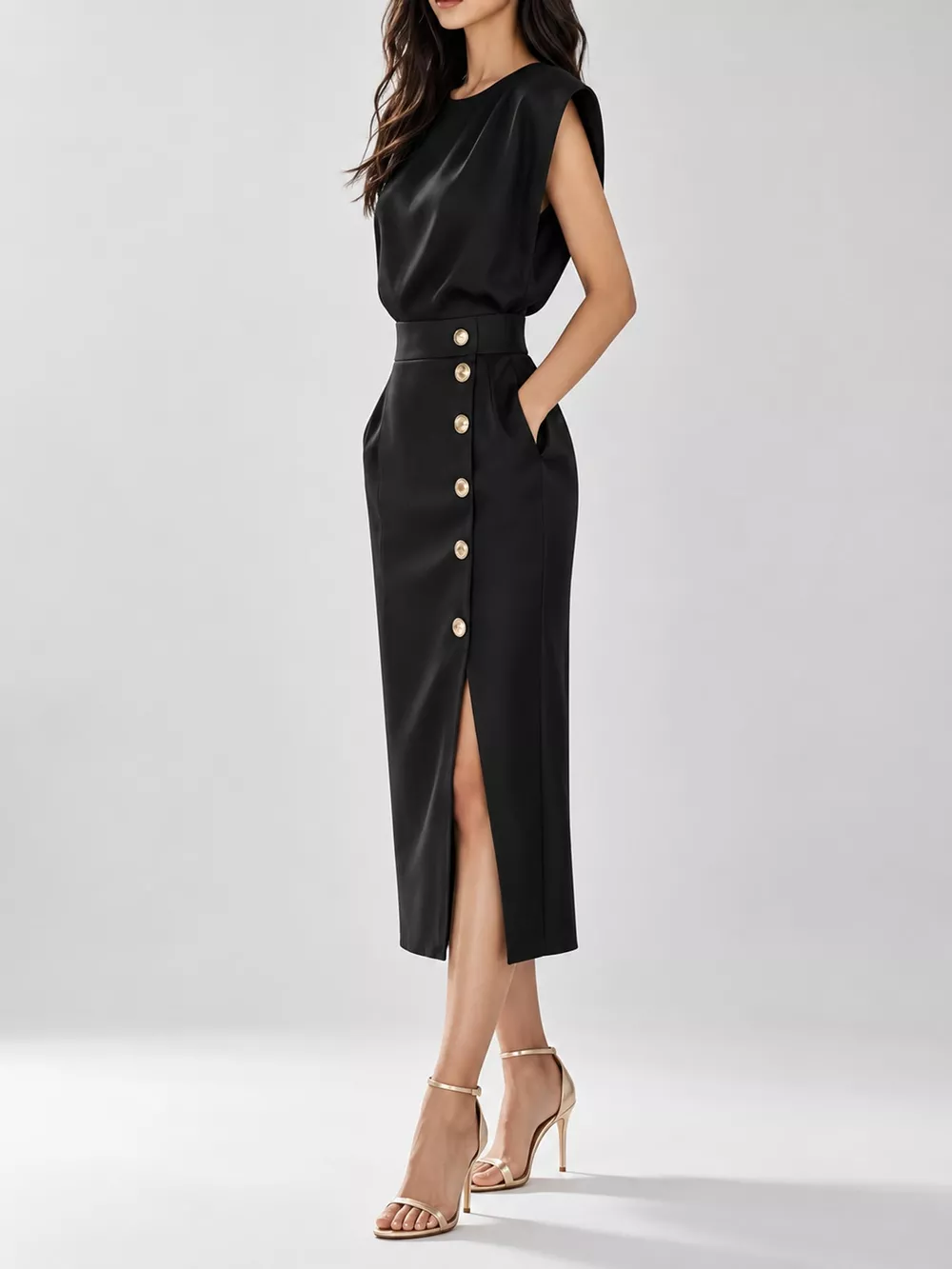 Sleeveless Midi Dress with Gold Button Detail and Side Slit, image 2