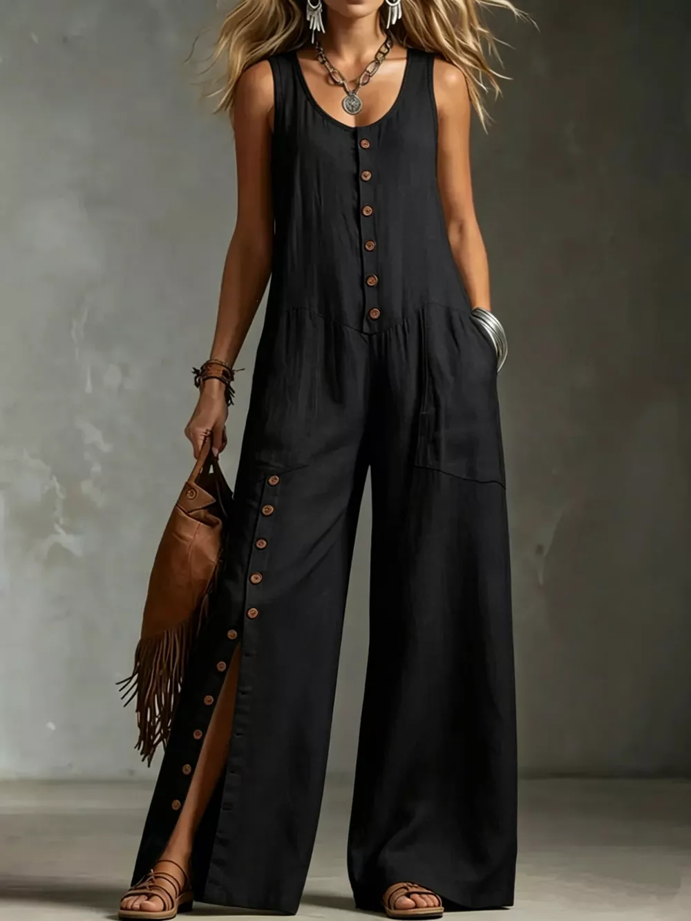 Full Size Sleeveless Button Front Wide Leg Jumpsuit Plus Size, image 5