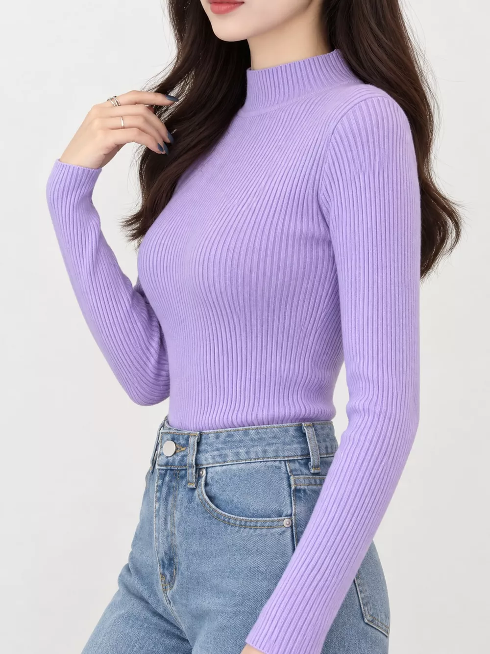 Elegant Slim-Fit Ribbed Mock Neck Knit Top, image 54