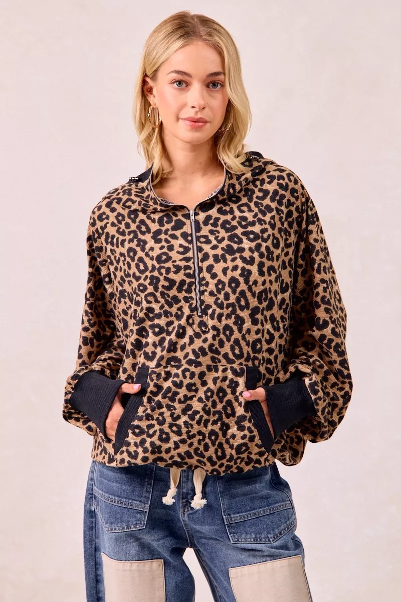 Leopard Print Waffle Half Zip Up Hoodie W Pocket
