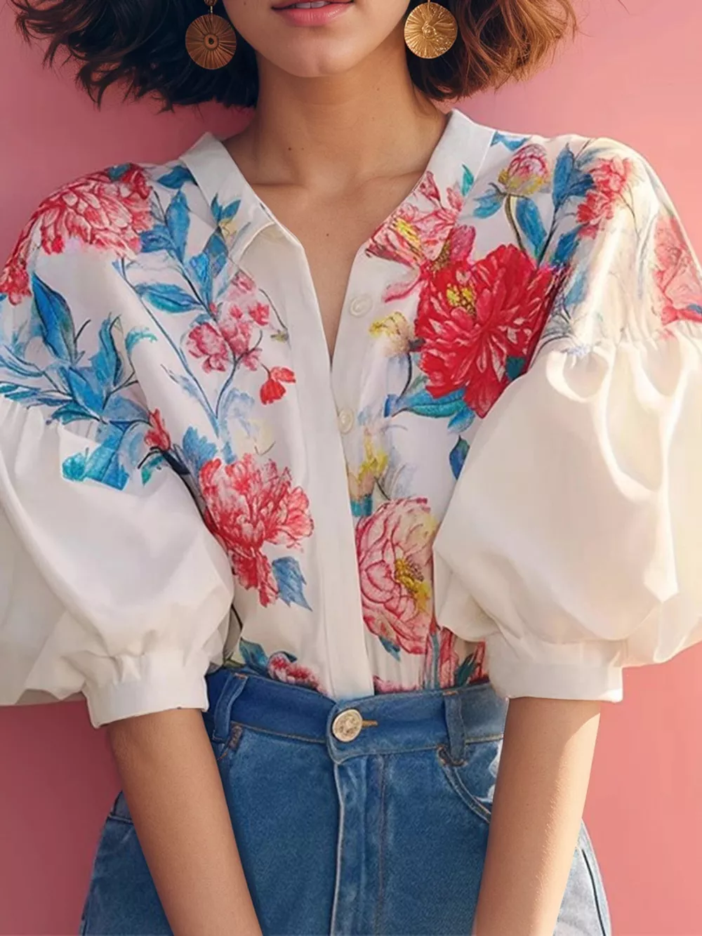 Floral Print V-Neck Shirt with Voluminous Puff Sleeves