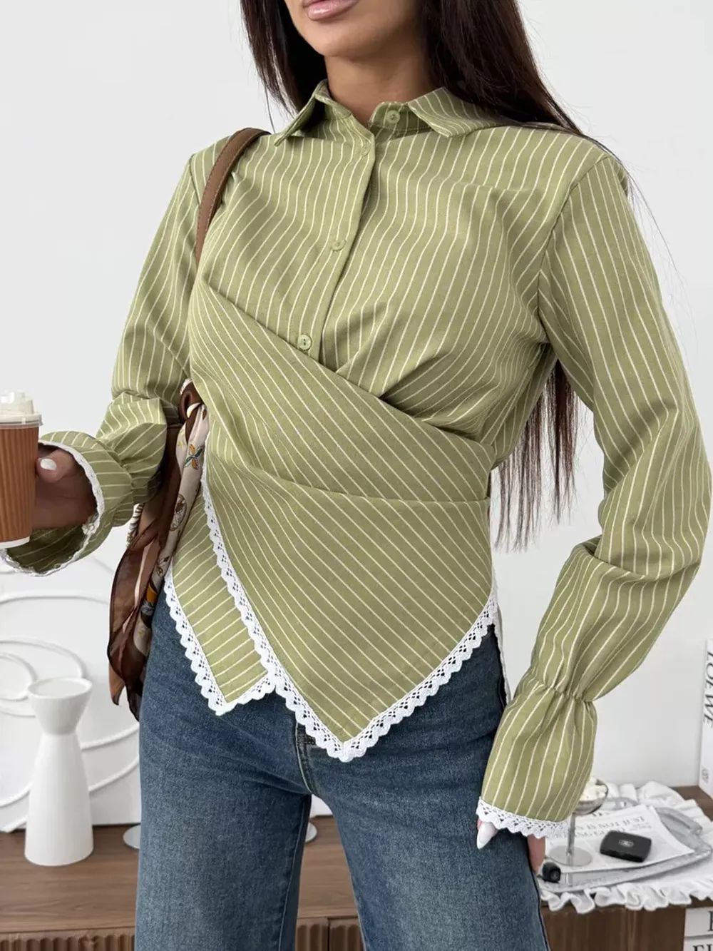 Lace Trim Long Sleeves Striped Shirt, image 25