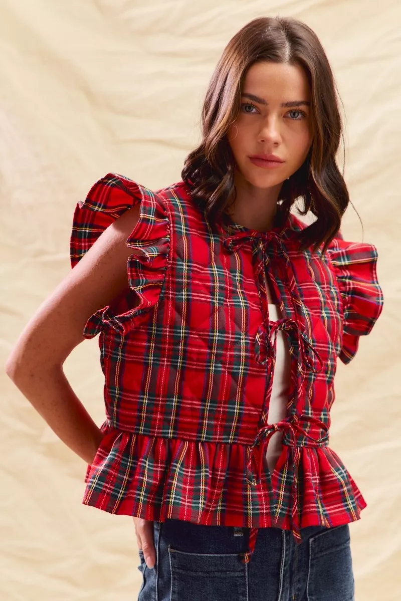 Christmas Holiday Plaid Ruffled Quilt Vest Top, image 4