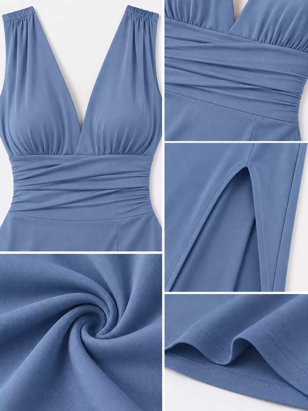 Sleeveless Deep V-Neck Ruched High Slit Bodycon Dress, image 16