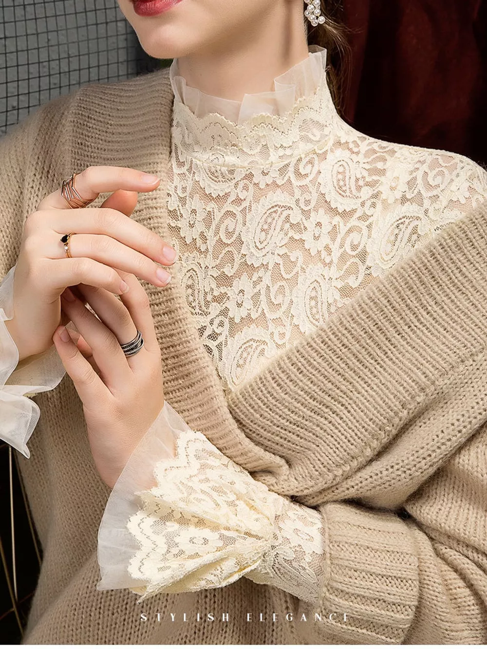 Full Size Lace Mock Neck Long Sleeve Blouse Plus Size, image 8