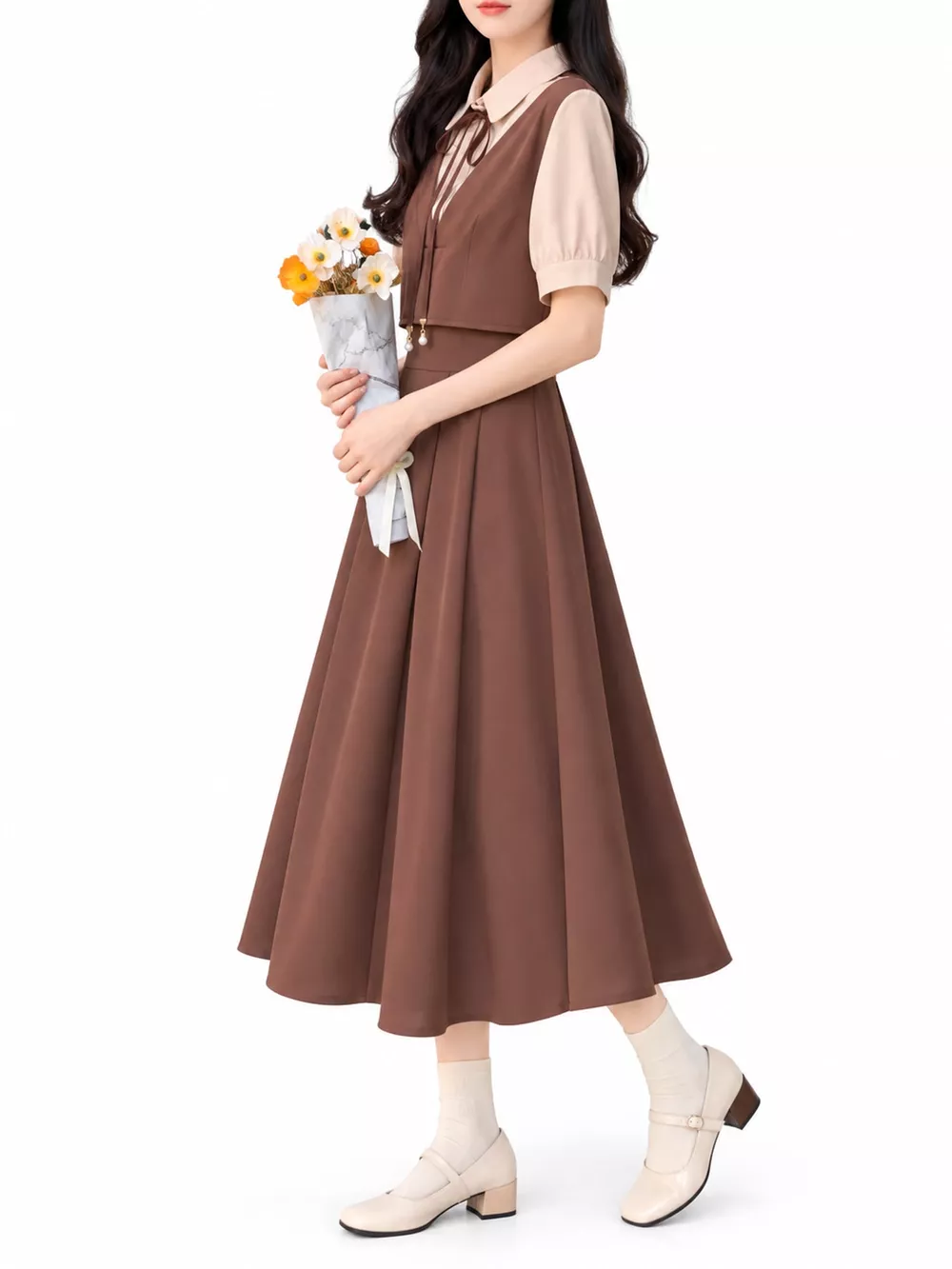 Contrast Short Sleeve Pleated Midi Dress, image 11
