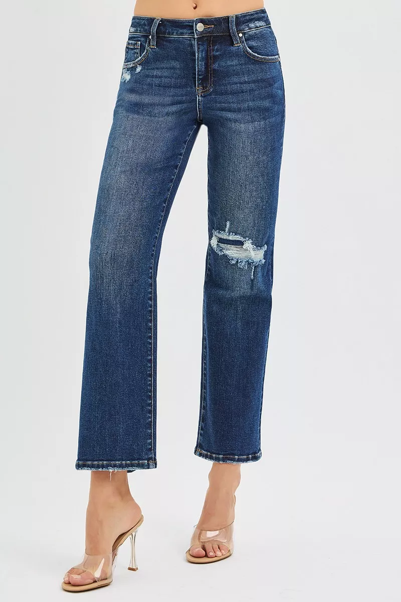 High Rise Crop Slim Straight Jenas with Hidden Knee Patch, image 4