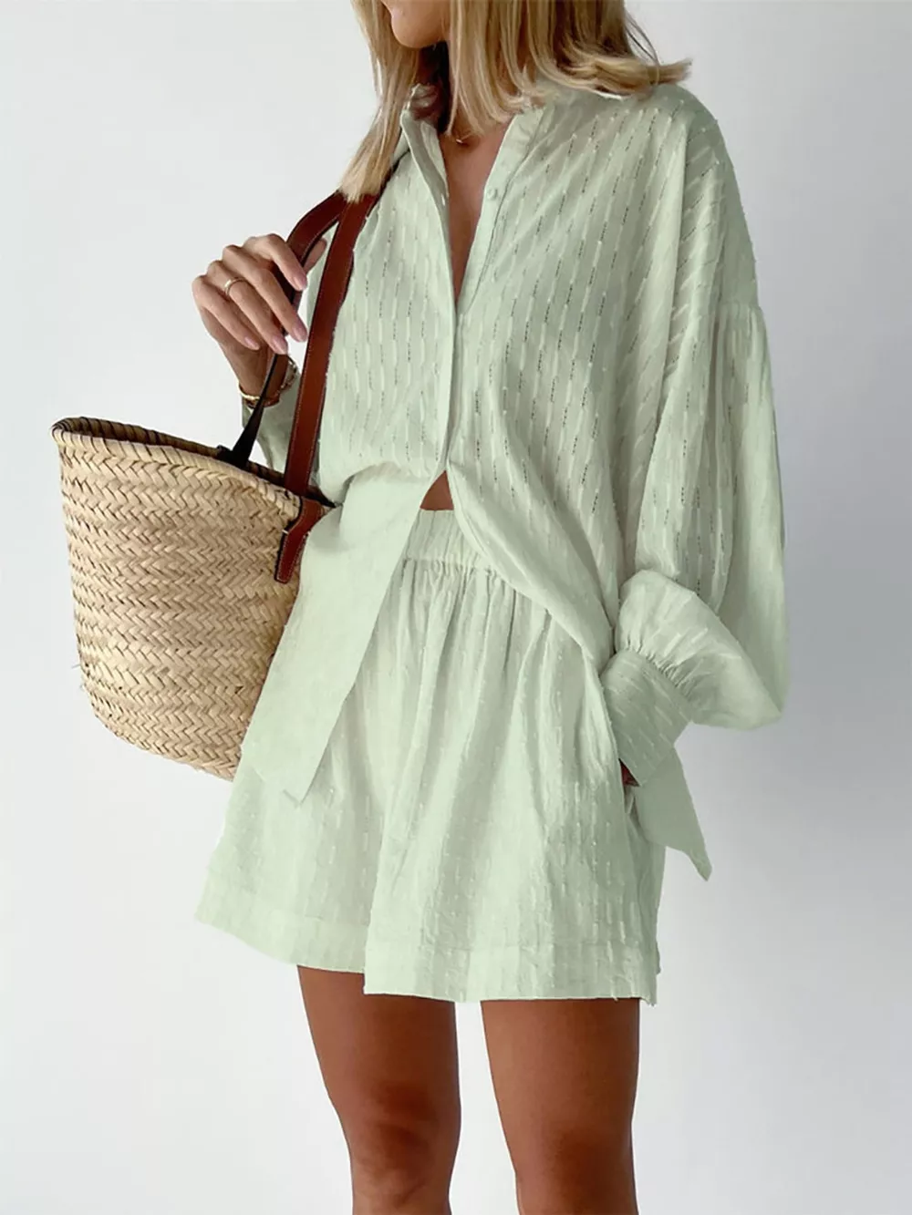Textured Button-Down Shirt and Shorts Set, image 13