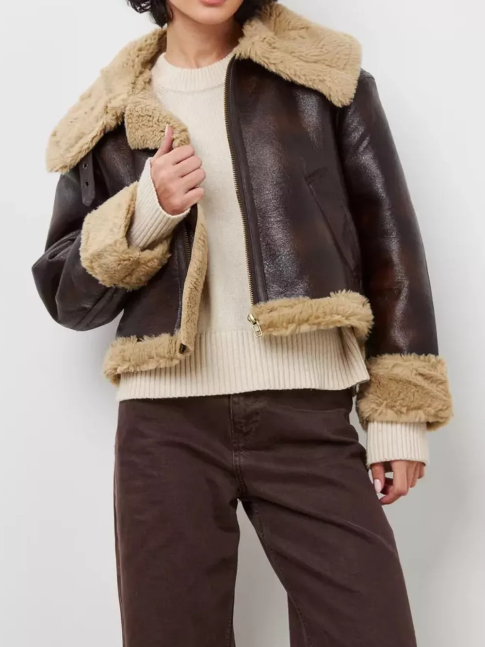 Vintage-Inspired Faux Leather Aviator Jacket with Plush Shearling Trim, image 2