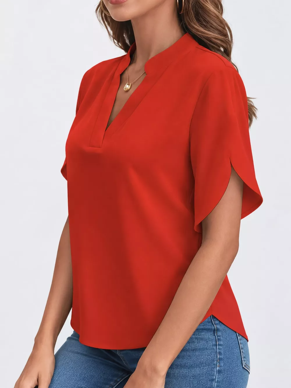 Notched Slit Short Sleeve Blouse, image 22