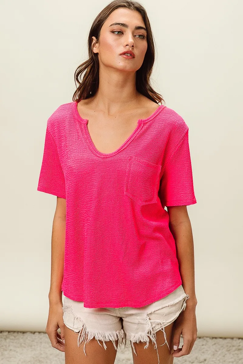 Waved Rib U Neck Top With Front Pocket, image 3