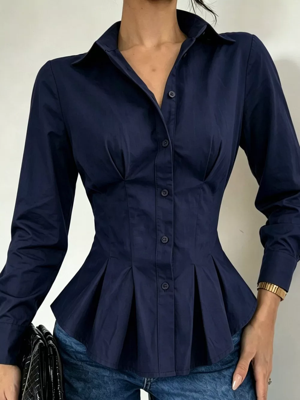 Button-Down Peplum Blouse with Fitted Waist, image 6