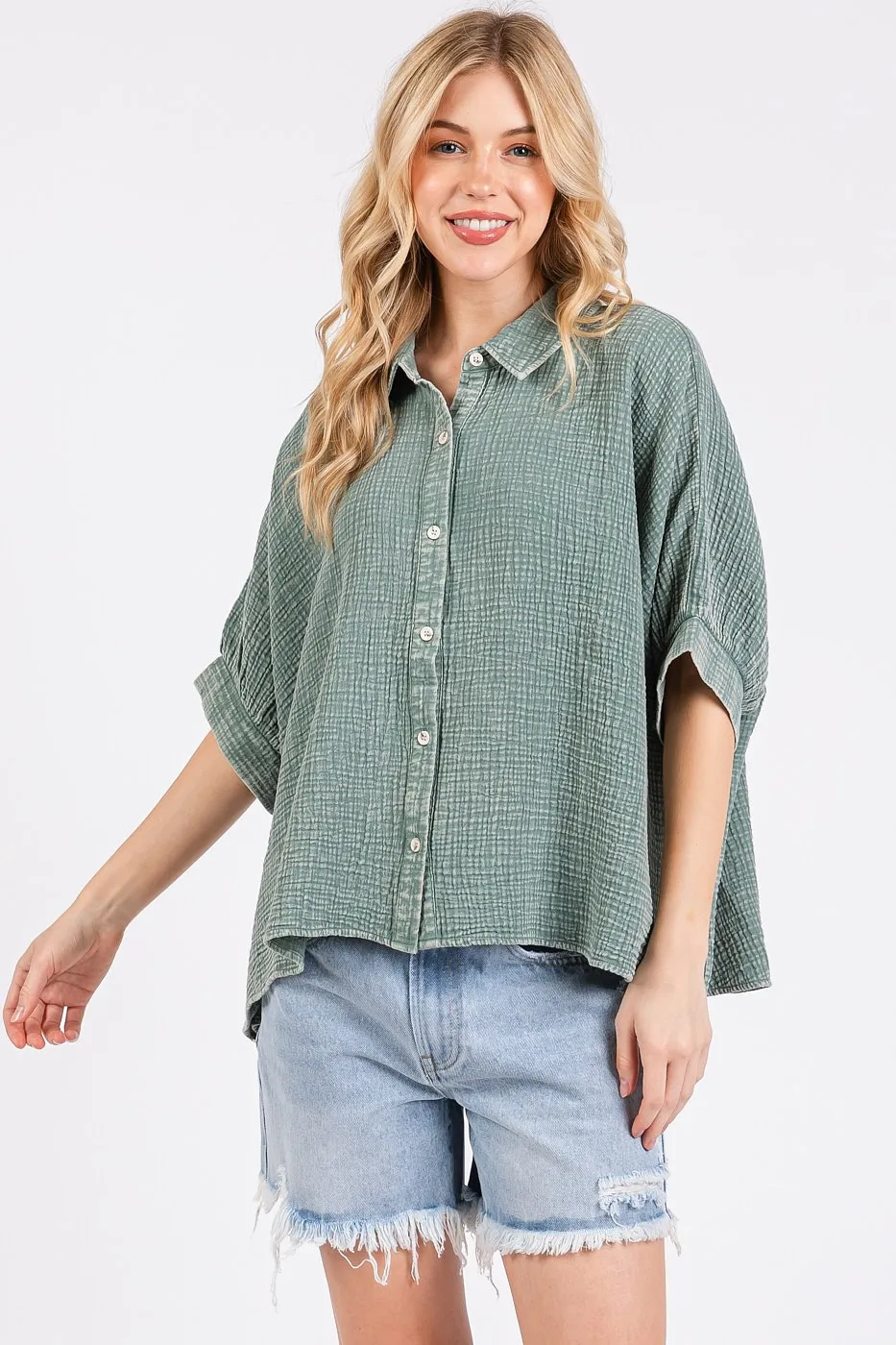 Mineral Wash Gauze Dolman Sleeve Button Down Shirt, image 2