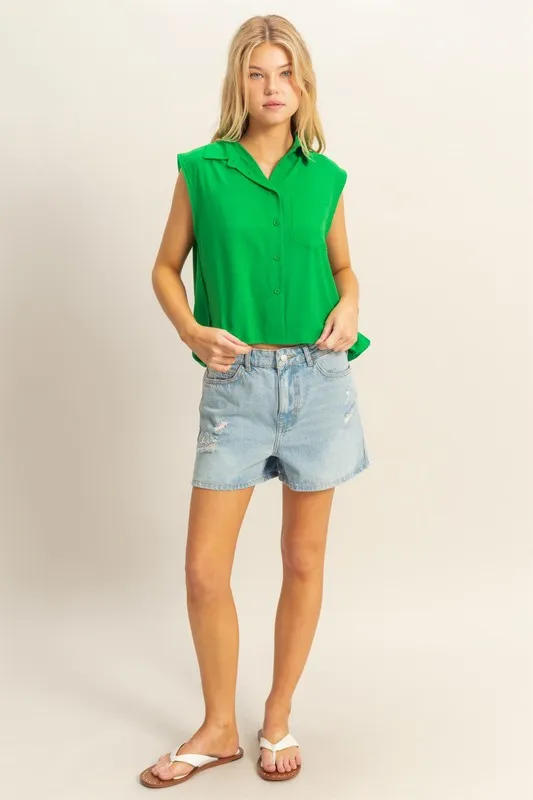 Buttoned Front Sleeveless Collar Shirt, image 2