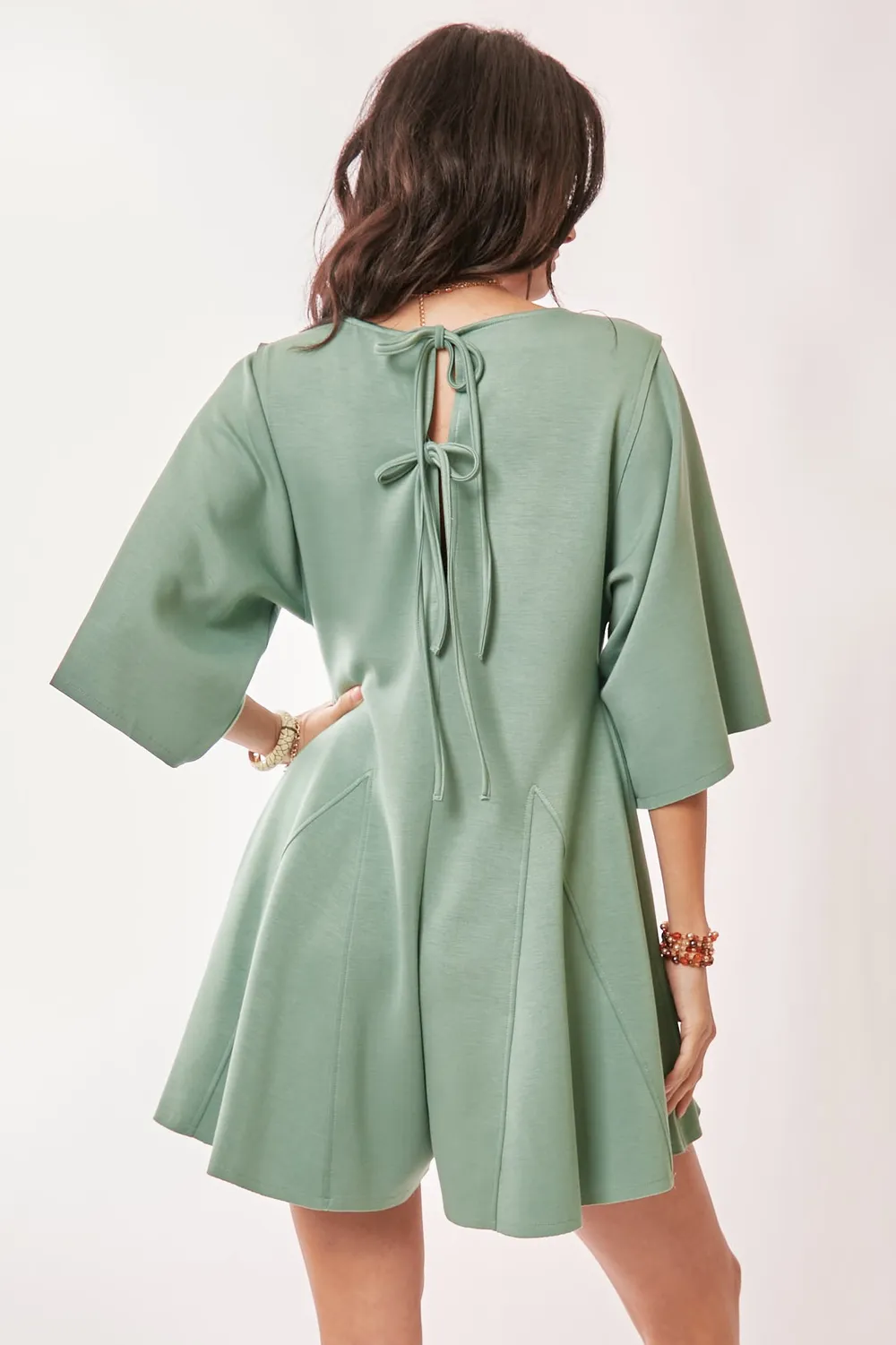 Solid Draped Sleeve Ties Back Skort Romper, image 3