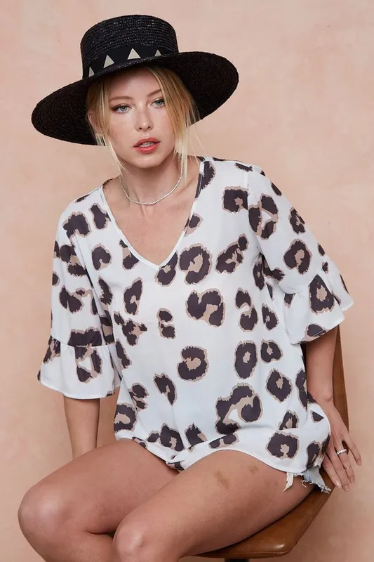 Leopard Printed V Neck Woven Top with Ruffled, image 10