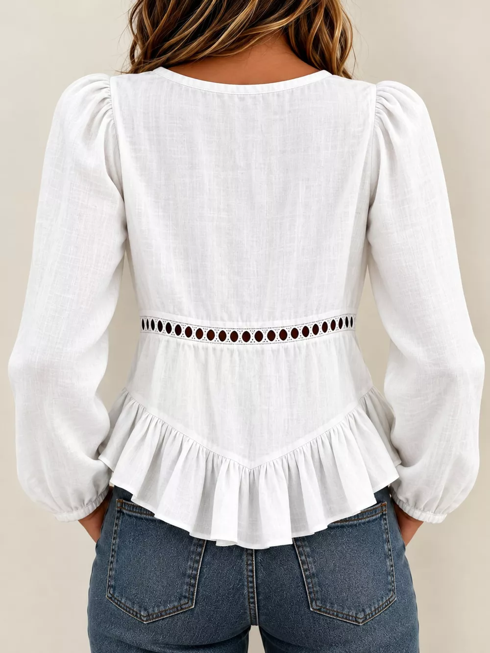 Long Sleeve Blouse with Eyelet Lace Trim and Ruffled Hem, image 11