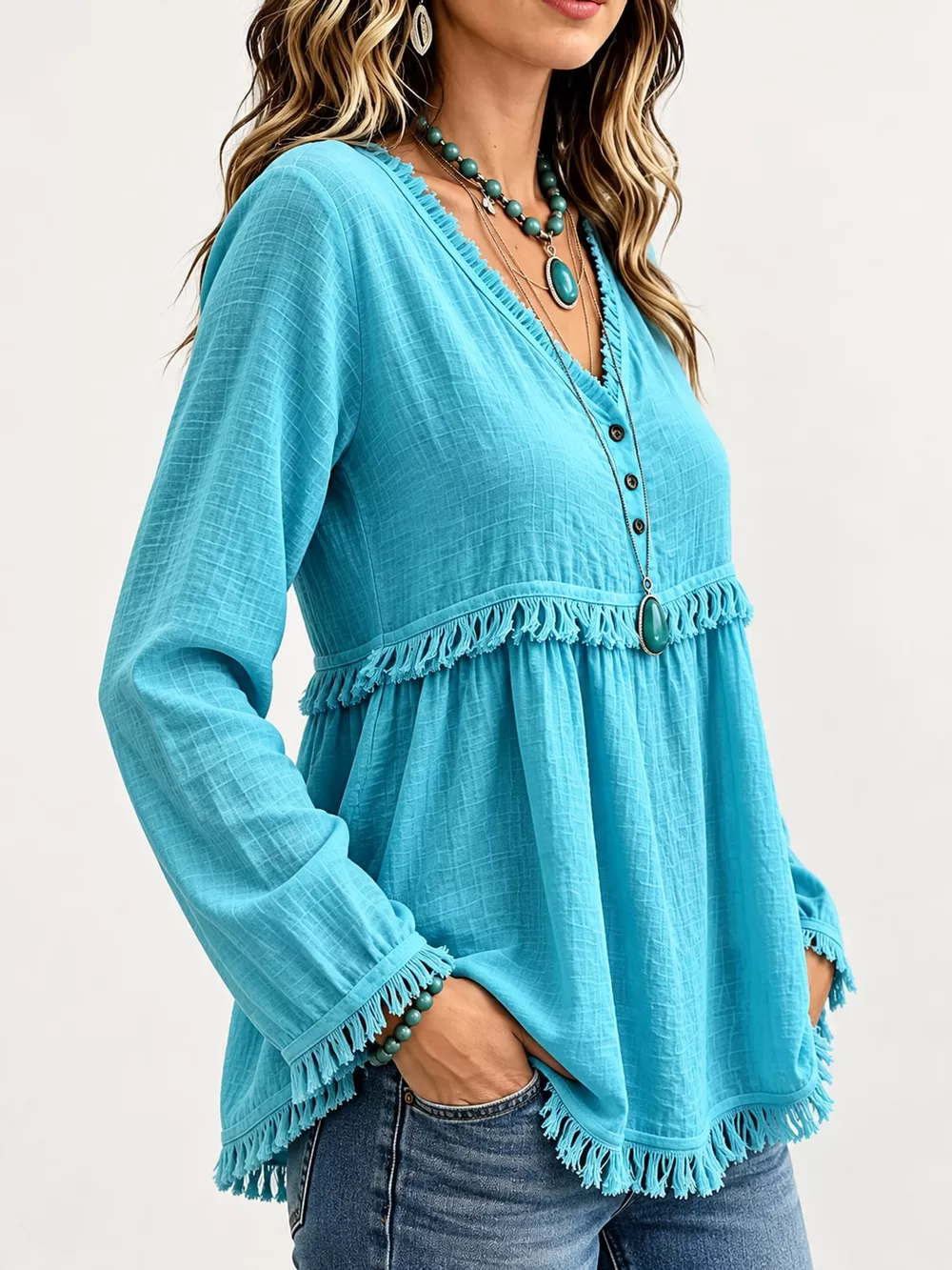 Full Size Fringed Trim V-Neck Long Sleeve Blouse Plus Size, image 3