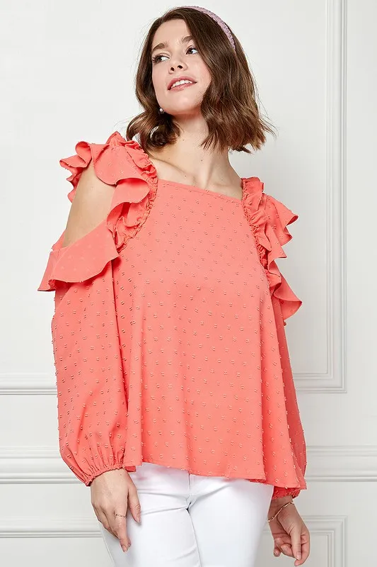 Ruffle Trim Cold Shoulder Swiss Dot Blouse, image 4