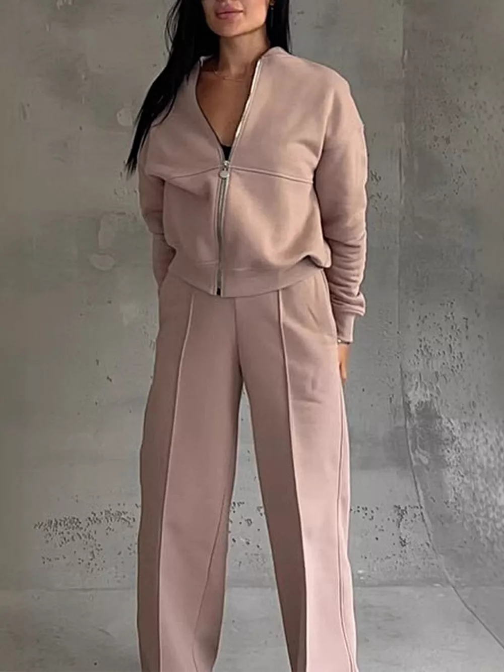 Casual Zip-Up Jacket and Wide-Leg Sweatpants Set, image 37