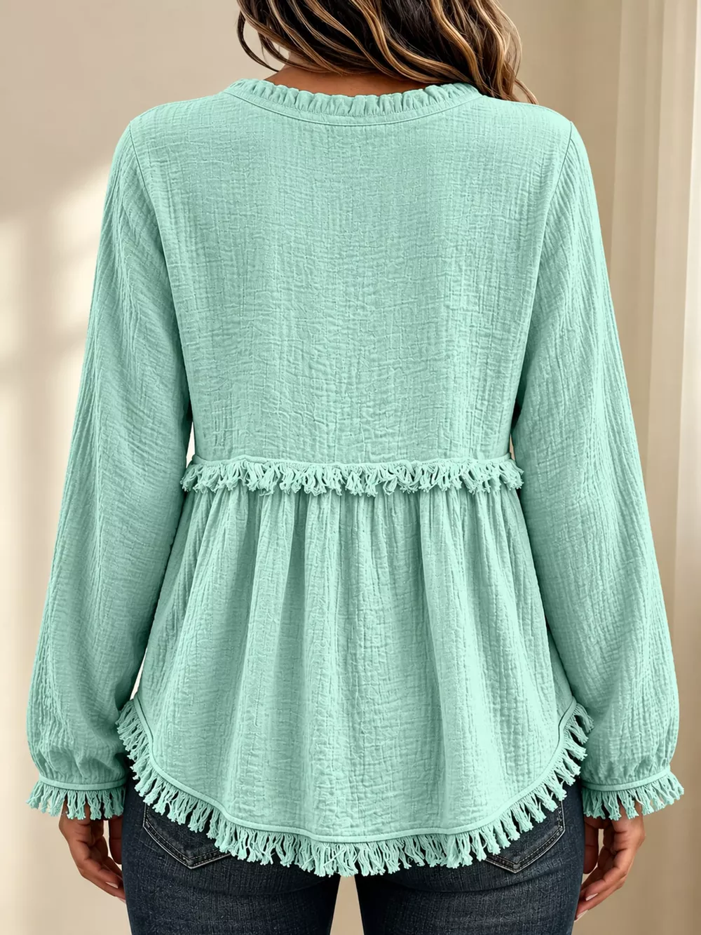 Full Size Frayed Hem Button Detail Blouse Plus Size, image 38