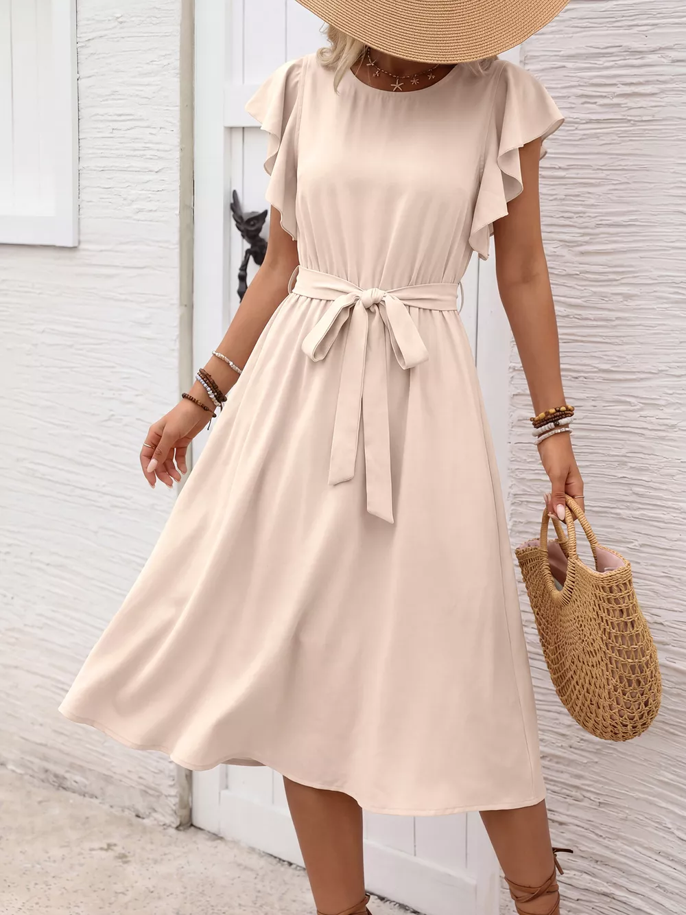 Ruffle Sleeve Tie Waist Midi Dress, image 2