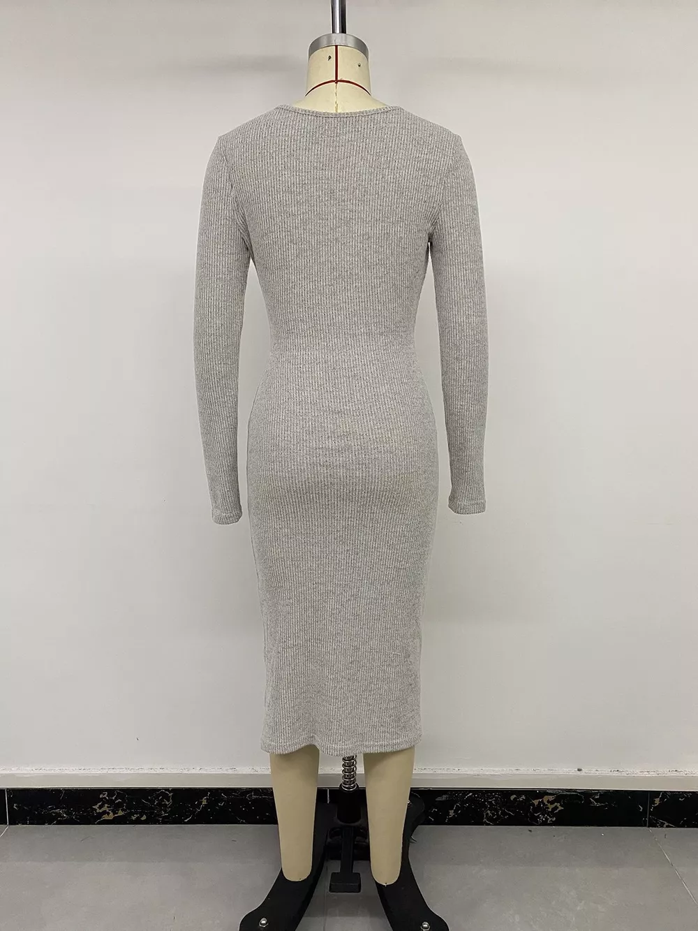 Ribbed Knit Twist Front Long Sleeve Midi Dress with Slit, image 8