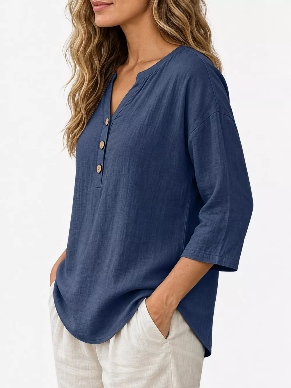 Full Size Button Detail Notched 3/4 Sleeve Blouse Plus Size, image 14