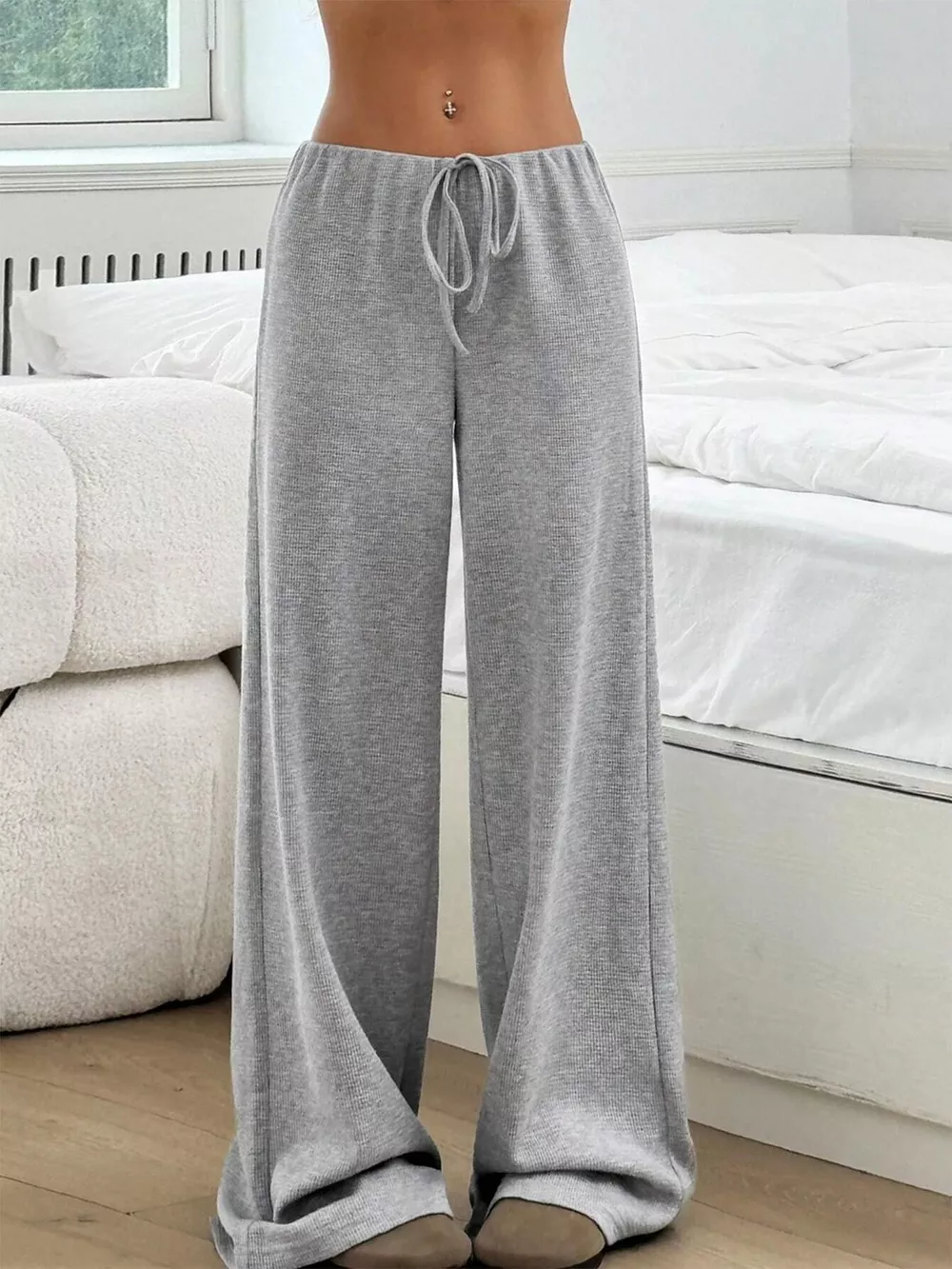 Striped Ribbed Knit Drawstring Waist Wide Leg Pants, image 20