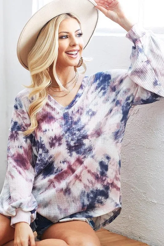 Tie-Dye V-Neck Long Sleeve Waffle Top, image 4