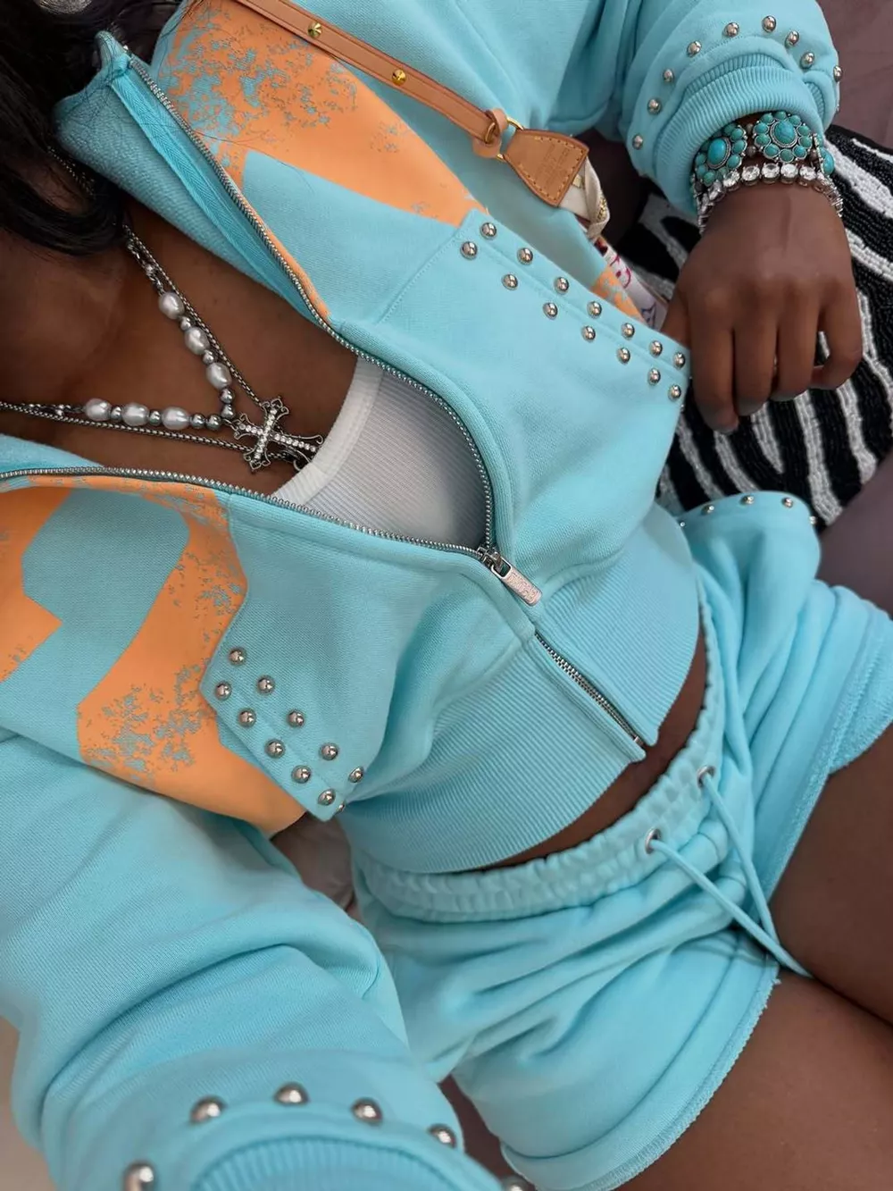 Studded Zip-Up Hoodie and Shorts Set, image 6